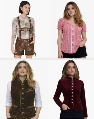 Four images of women wearing different outfits on a white background