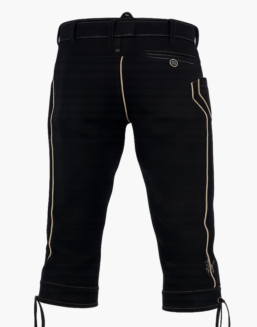 Black riding pants with white piping on a white background