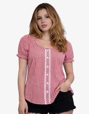 Woman wearing a red and white checkered blouse on a white background