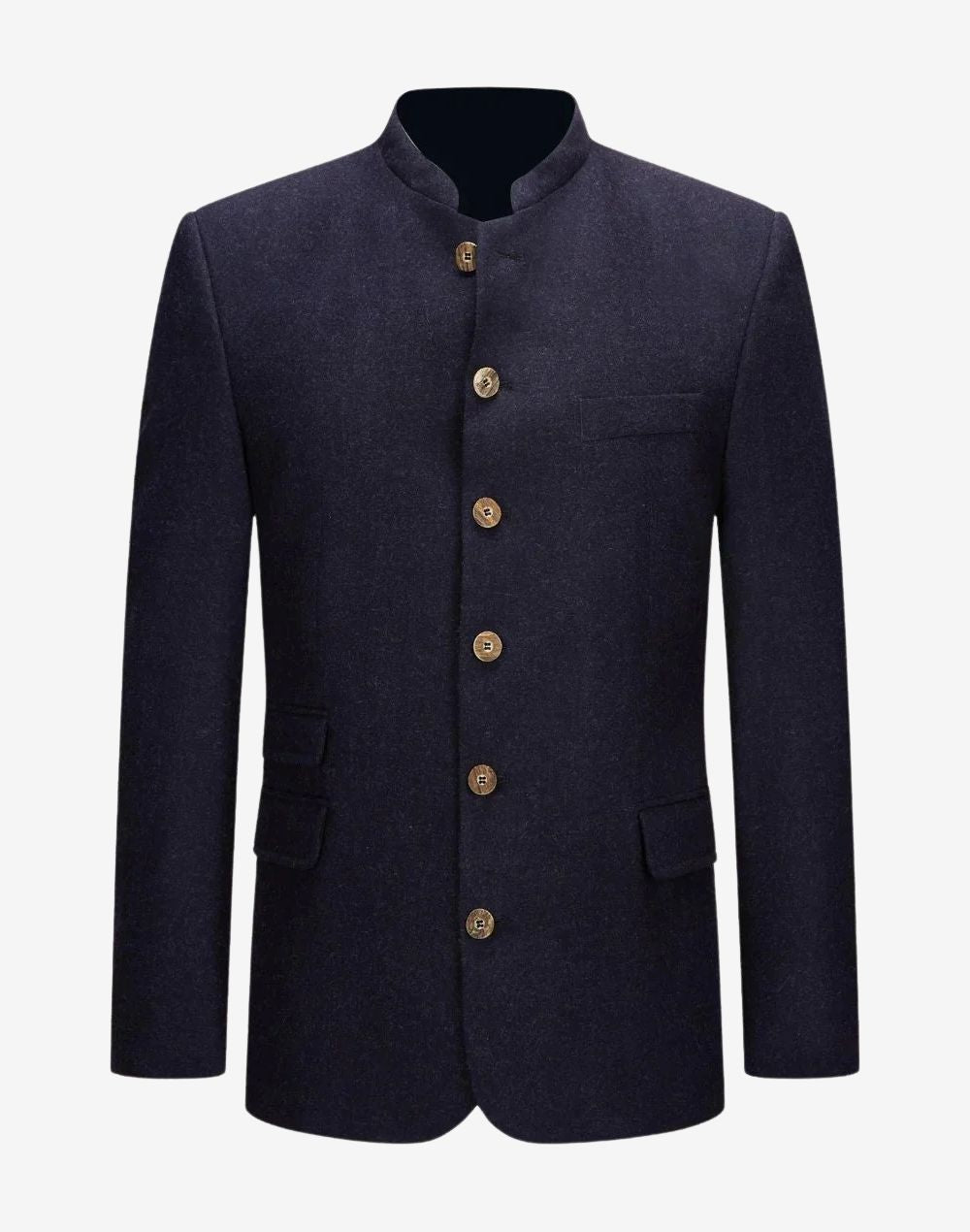 Front product view of rustic alpine Trachten jacket for men featuring wool fabric, stand collar and traditional Bavarian buttons.