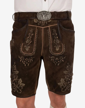 Rustic Brown Lederhosen for Men front view showing embroidered bib panels, contrast piping, and decorative thigh motifs