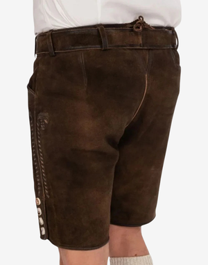 Rustic Brown Lederhosen for Men back view showing classic short cut, rear seam shaping, and smooth suede finish