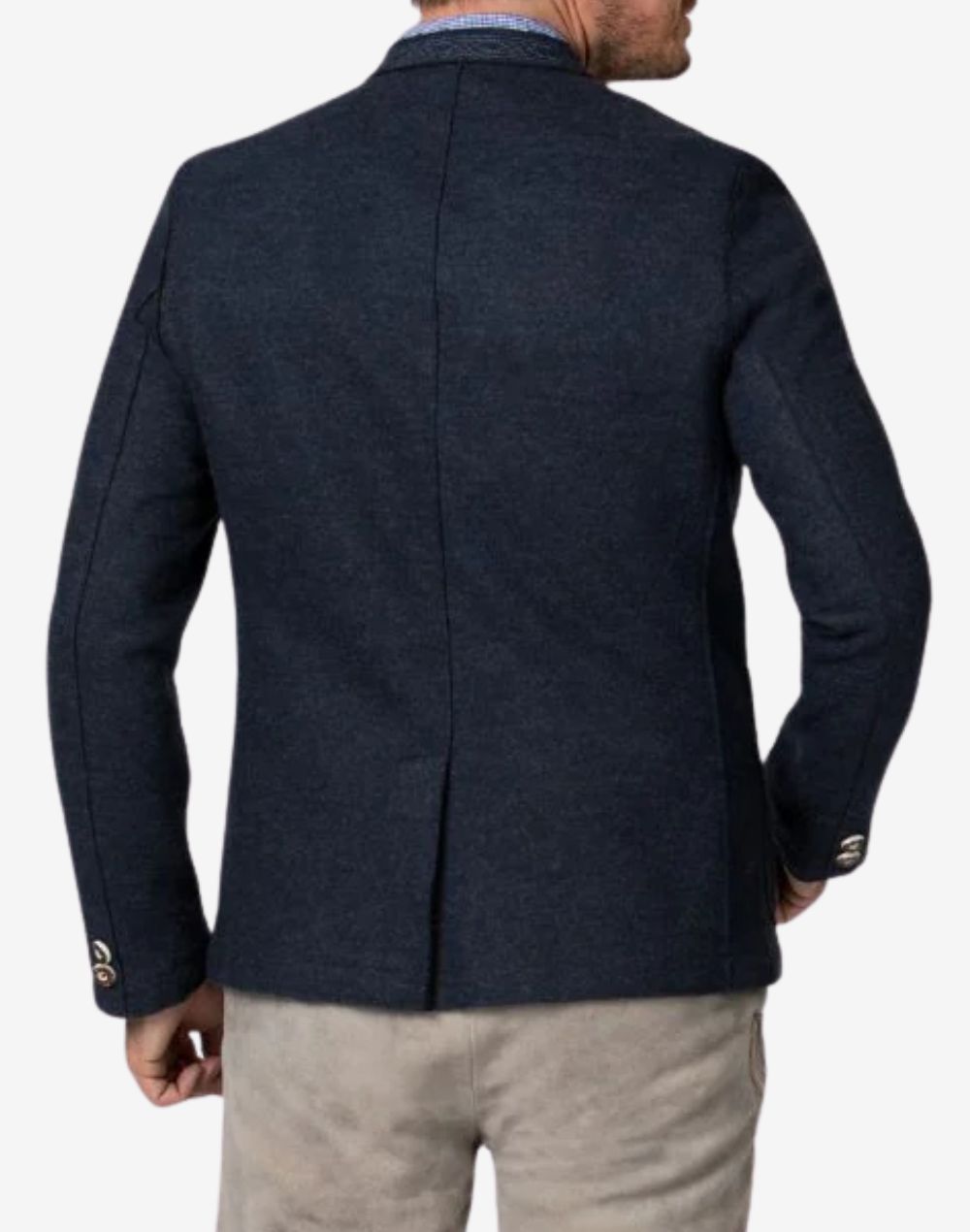 Back view of rustic dark blue German heritage jacket for men with clean tailored structure, classic Bavarian styling, and premium wool fabric.