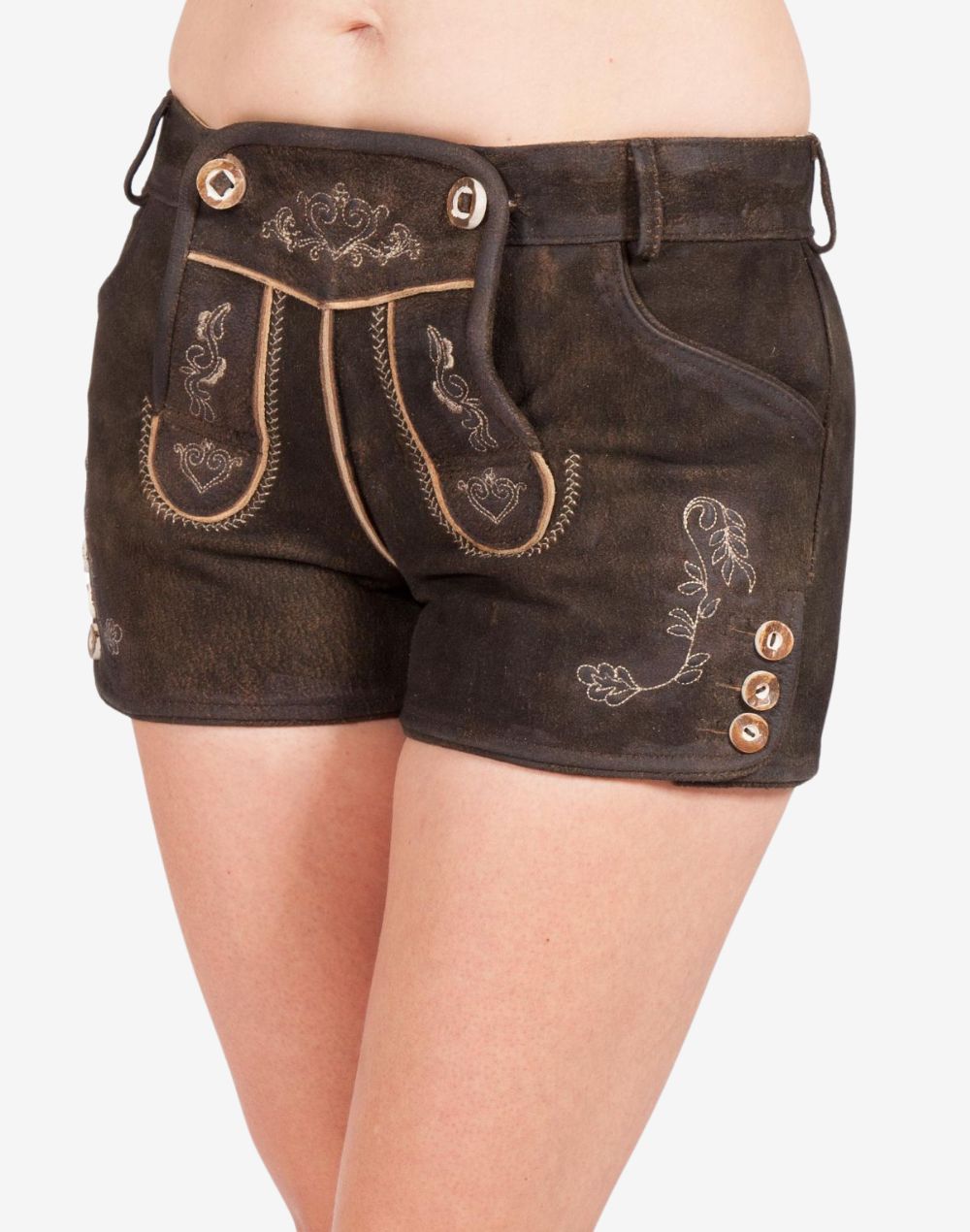 Front view of women’s dark brown leather lederhosen shorts with traditional Bavarian embroidery, decorative front flap, side buttons, and floral stitched detailing.