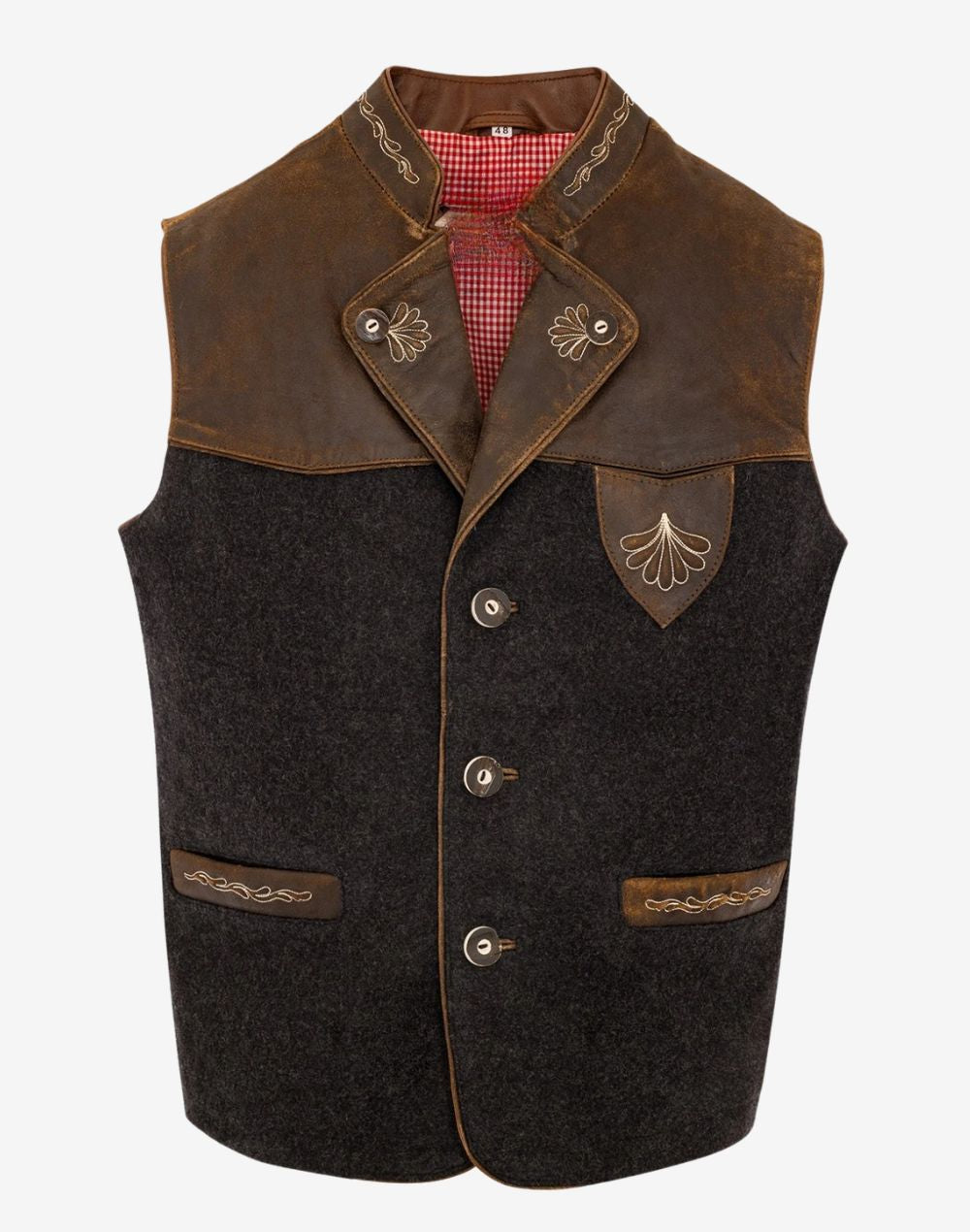 Rustic German Trachten vest for men with brown leather yoke, wool body, decorative embroidery and classic Bavarian buttons.