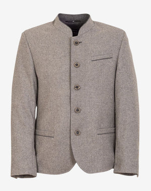 Front view of rustic grey Bavarian jacket for men featuring traditional Trachten design, stand collar, horn-style buttons, tailored fit, and classic Oktoberfest attire in textured wool fabric.