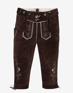 rustic leather bundhosen for men featuring dark brown finish, traditional flap front, embroidery and knee-length fit