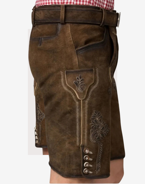 Men’s Oktoberfest lederhosen knee-length rustic brown with alpine embroidery and side buttons