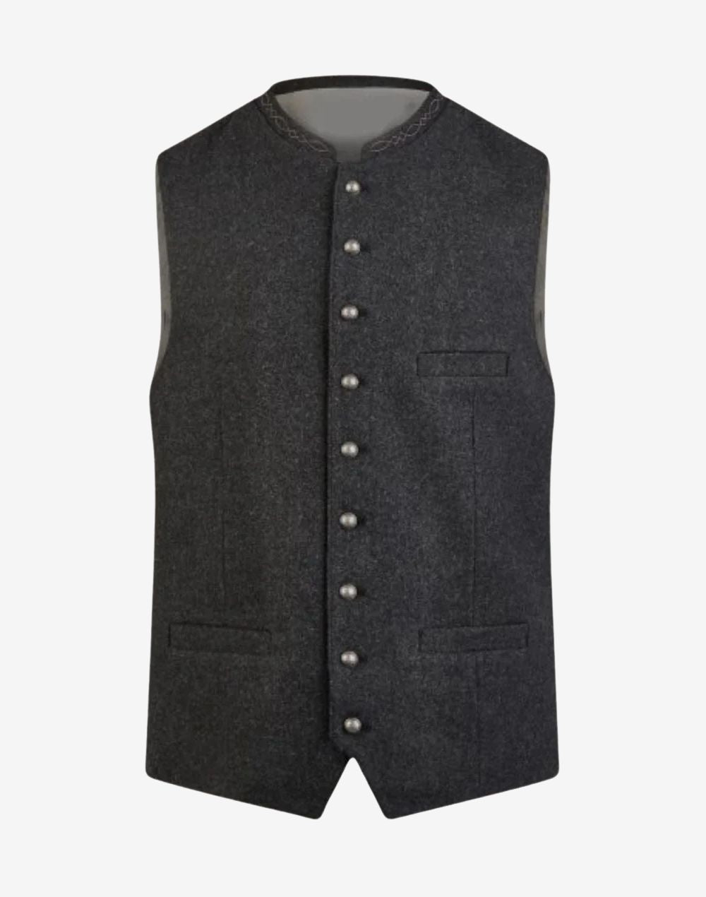 Front view of rustic wool Bavarian vest for men featuring traditional Trachten styling, button front closure, and classic Alpine design.