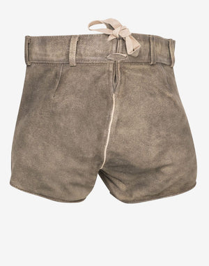 Back view of stone grey women’s suede lederhosen shorts featuring a soft distressed finish, fitted waistband, belt loops, and adjustable back lace detail.
