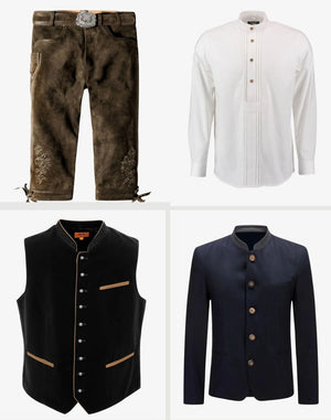 Four pieces of men's clothing including pants, shirt, vest, and jacket on a white background.
