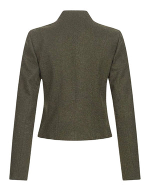 Back view of an olive green women’s jacket with a high collar and clean tailored silhouette, isolated on a white background.