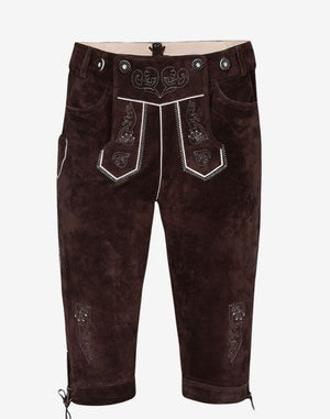 Front product view of alpine bundhosen highlighting embroidered flap, contrast stitching and classic knee-length leather design