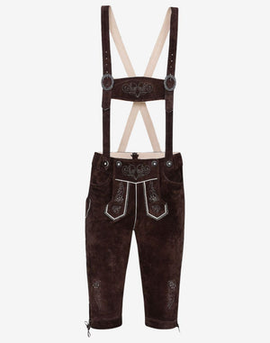 Front view of timeless alpine bundhosen for men with suspenders, dark leather finish, decorative embroidery and traditional Bavarian style