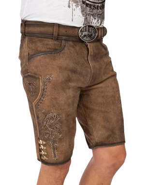 Timeless Bavarian Lederhosen brown suede side view with embroidered panel, knife pocket, horn style buttons