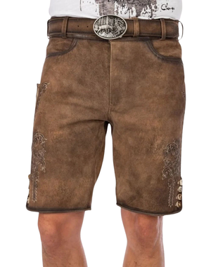 Bavarian Timeless Lederhosen Men worn front view showing belt buckle, classic knee length fit, side stitching