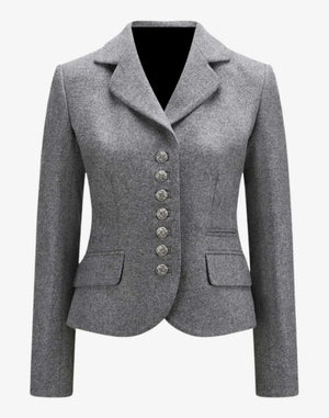 Gray blazer with button details on a white background