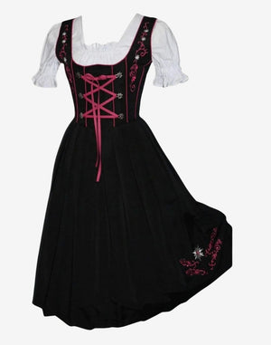 Front view of alpine dirndl without apron highlighting bodice embroidery, lace blouse and traditional Bavarian design