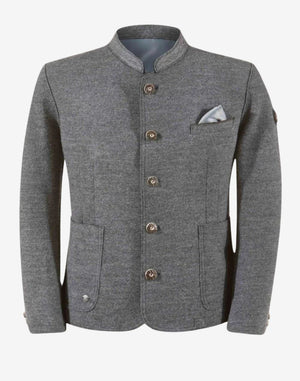 Front product view of traditional alpine jacket for men with gray wool fabric, stand collar and authentic Trachten tailoring.