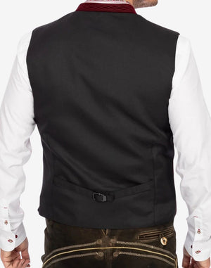 Back view of traditional Alpine vest for men featuring adjustable strap, classic tailoring and authentic Oktoberfest style.