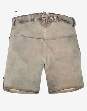 Back view of grey suede lederhosen shorts featuring a vintage-washed finish, adjustable lace-up waistband, belt loops, and traditional Bavarian-style leather design.