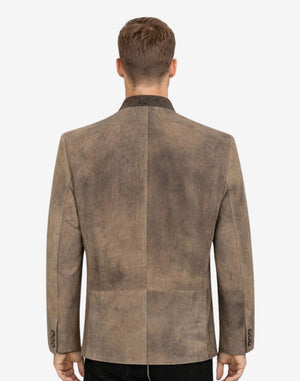 Back view of model wearing Traditional Bavarian Leather Jacket Men featuring classic alpine tailoring and vintage leather finish