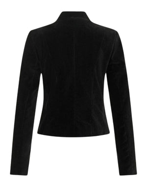 Back view of a black velvet women’s jacket with a clean tailored design and structured silhouette.