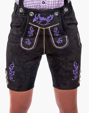 Black shorts with purple embroidery on a white background