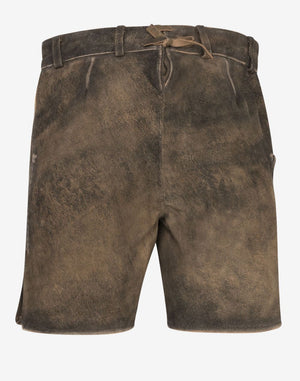 Back view of traditional brown leather lederhosen shorts with a distressed vintage finish, featuring a fitted waistband, belt loops, and adjustable back lace detail.