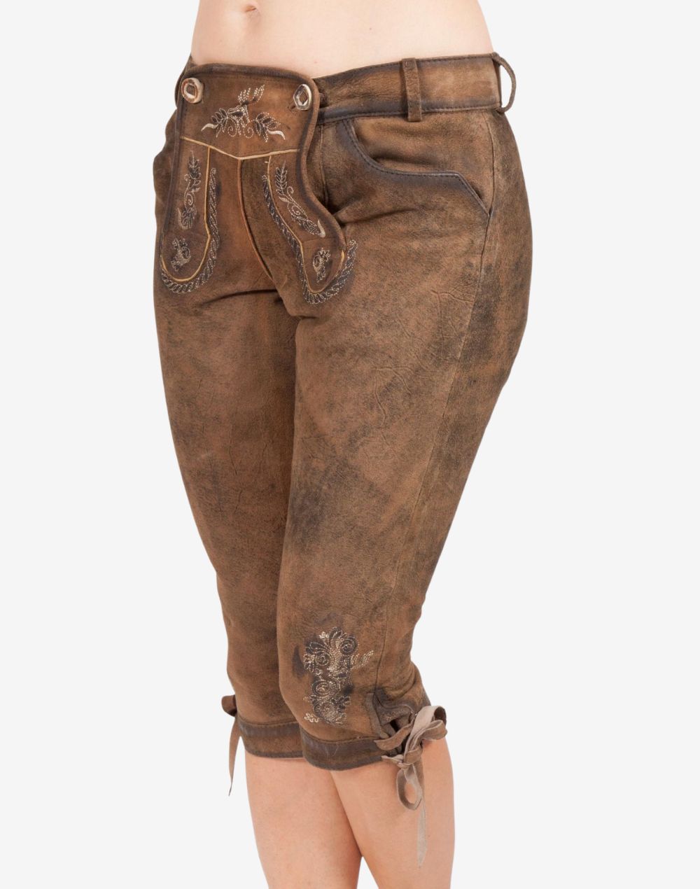 Front side view of women’s brown leather bundhosen featuring traditional Bavarian embroidery, decorative front flap, knee lace-up detail, and vintage alpine styling.