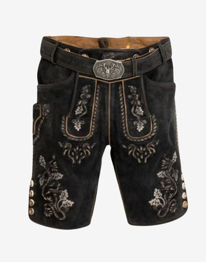 Main image alt text: Traditional German Lederhosen Men black suede shorts with belt, ornate embroidery and buttoned cuffs