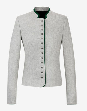 Women’s traditional Bavarian trachten jacket in light grey wool with green trim, featuring a stand collar, long sleeves, and decorative front button closure.