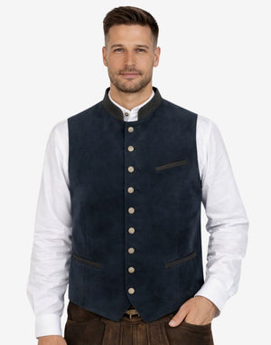 Front view of model wearing Traditional German Trachten Vest Men in deep navy with horn buttons and tailored fit