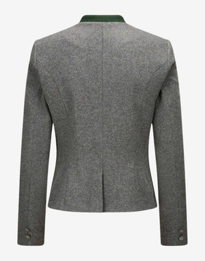 Back view of a women’s grey wool trachten-style jacket featuring a fitted tailored silhouette, clean panel seams, long sleeves with button cuffs, and traditional Alpine-inspired design.