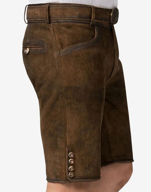 Men’s traditional Bavarian lederhosen crafted from brown leather with a clean front finish and buttoned leg hems