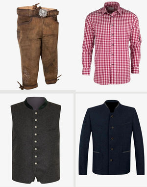 Collection of traditional clothing items including brown pants, red and white checkered shirt, black vest, and navy jacket on a white background.
