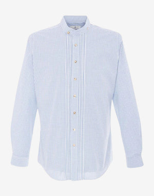 traditional Oktoberfest shirt for men in blue check pattern featuring button front, classic collar and Bavarian fit