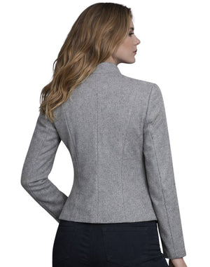 Woman wearing a gray blazer on a white background