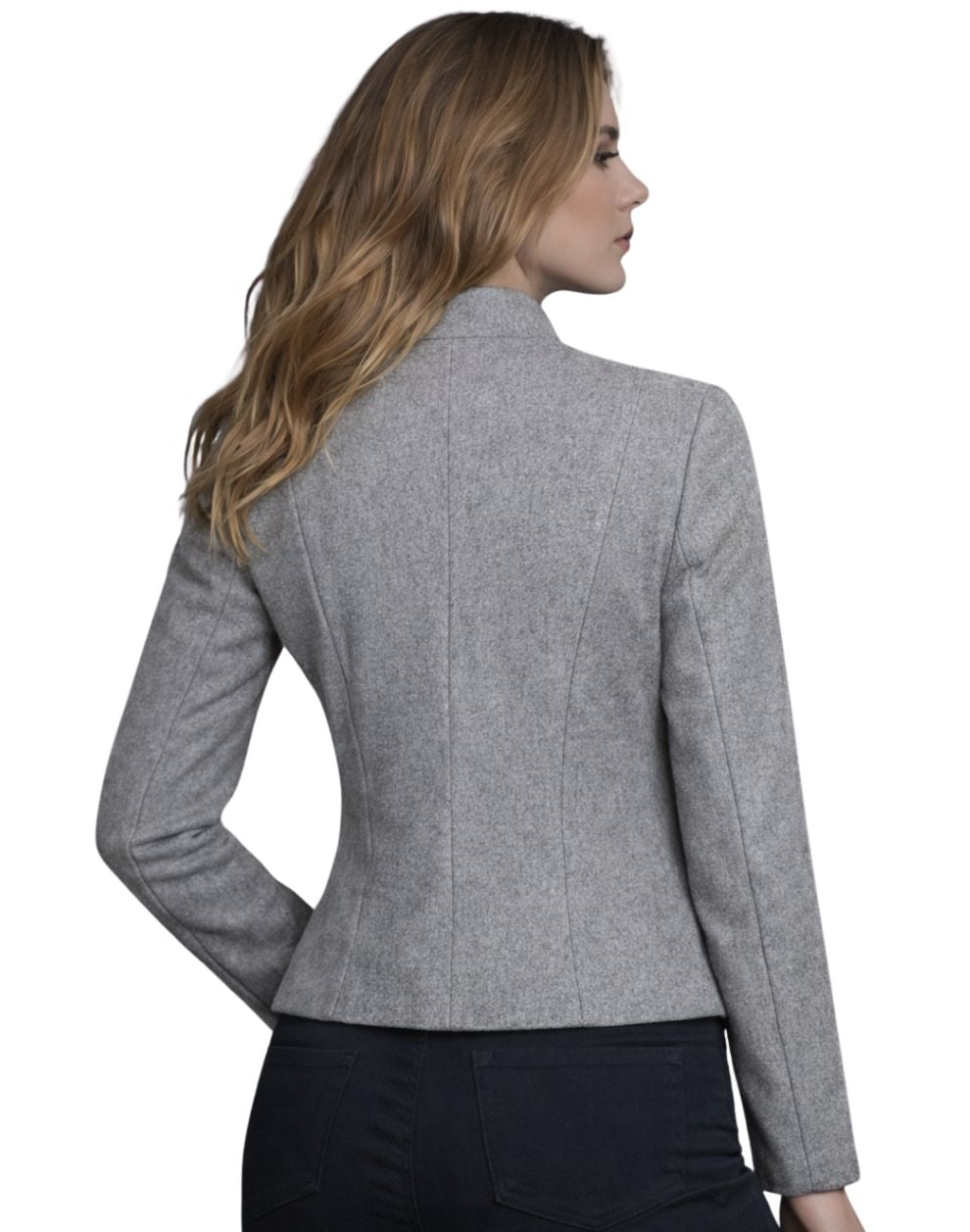 Woman wearing a gray blazer on a white background