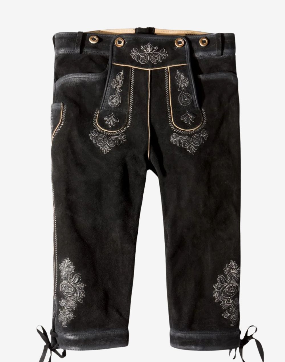 Front view of vintage German bundhosen for men featuring black leather finish, embroidered bib flap and traditional knee-length design