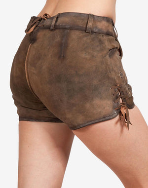 Back and side view of brown women’s leather lederhosen shorts in vintage style, featuring a fitted waist, smooth leather finish, and side lace-up detailing.