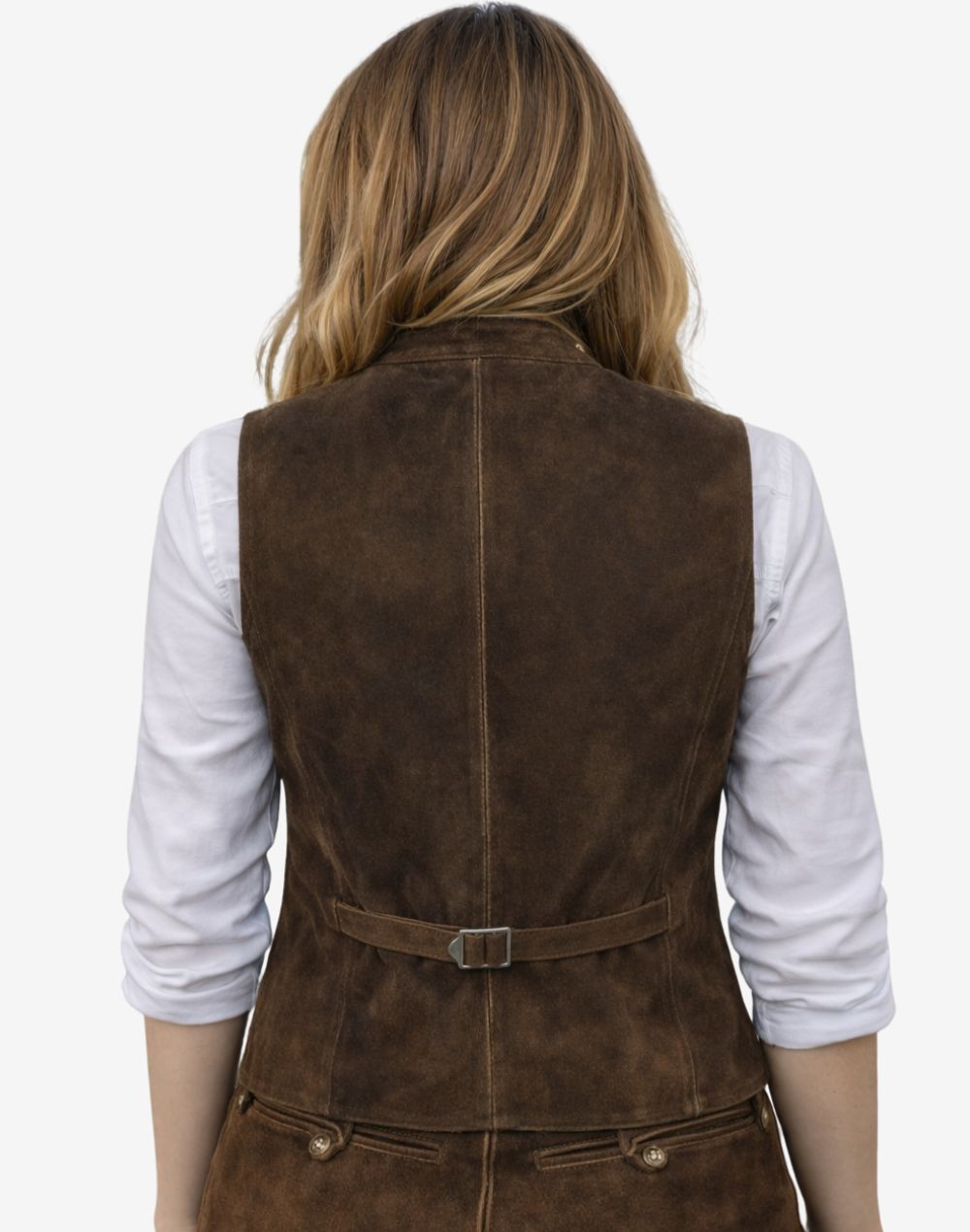 Rear view of women brown velvet Oktoberfest waistcoat highlighting adjustable back strap, smooth lining and tailored fit