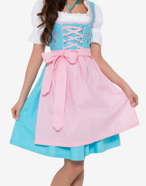 Front view of women rustic alpine dirndl dress with turquoise bodice, pink apron bow and traditional Oktoberfest styling