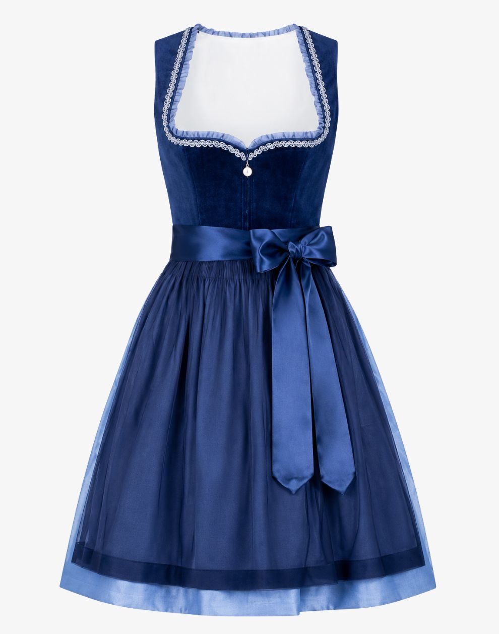Women's Authentic Navy Blue Dirndl front product view featuring a fitted navy velvet-look bodice, decorative trim neckline, front zipper closure, satin waist sash, layered navy apron, and classic Bavarian knee-length skirt.