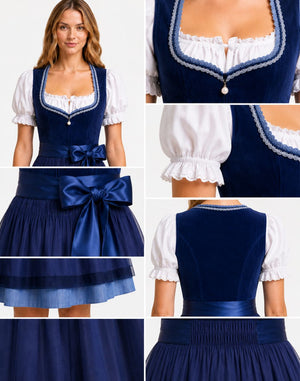 A collage showing a woman modeling a traditional dirndl dress from multiple angles, including front, close-up neckline, sleeve detail, skirt bow, back, and fabric close-ups. The dress has a dark navy bodice and skirt with white puff sleeves and white ruffled trim.