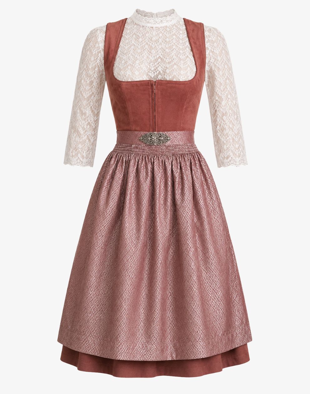 A traditional German dirndl dress featuring a dusty rose velvet bodice, a textured dusty rose apron skirt, and a white lace long-sleeve overlay, shown against a plain light gray background.