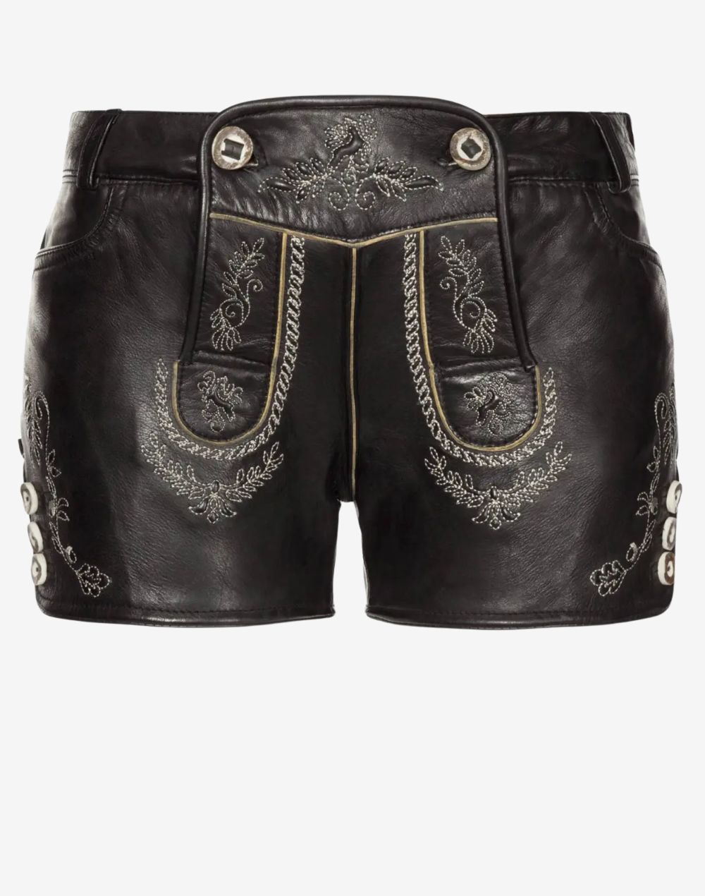 Front view of black women’s authentic German leather lederhosen shorts featuring traditional embroidered patterns, decorative front flap, and side button details.