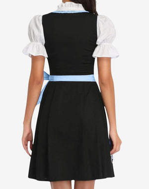 Rear view of womens Bavarian dirndl dress showing fitted black skirt, structured bodice and light blue waist apron ribbon