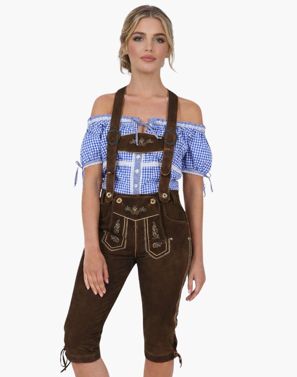 Women’s brown leather bundhosen with suspenders and embroidery, ideal for Oktoberfest outfits.