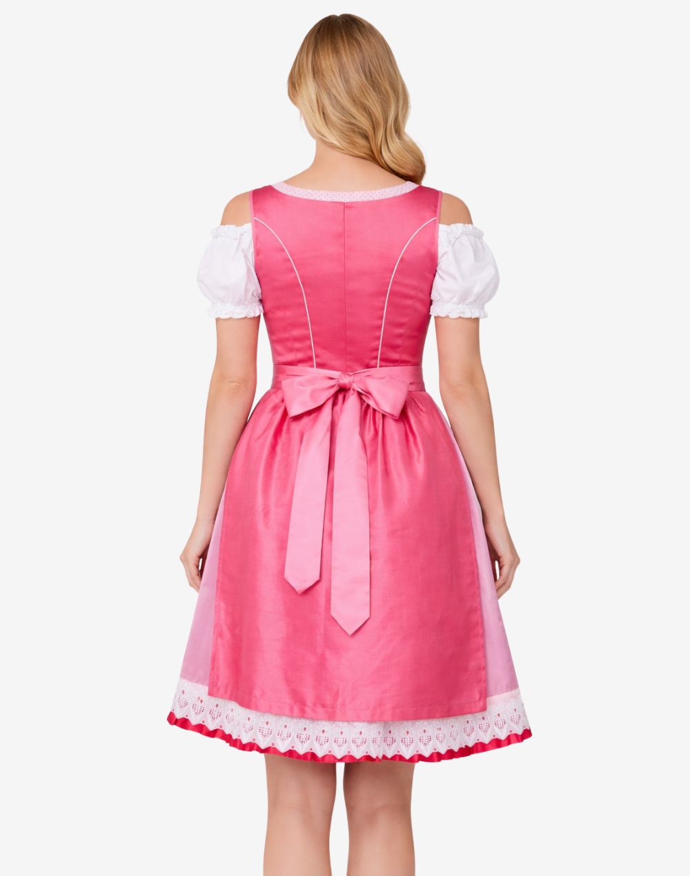 Rear view of womens Bavarian dirndl dress highlighting fitted waist, satin apron bow and traditional flared skirt silhouette